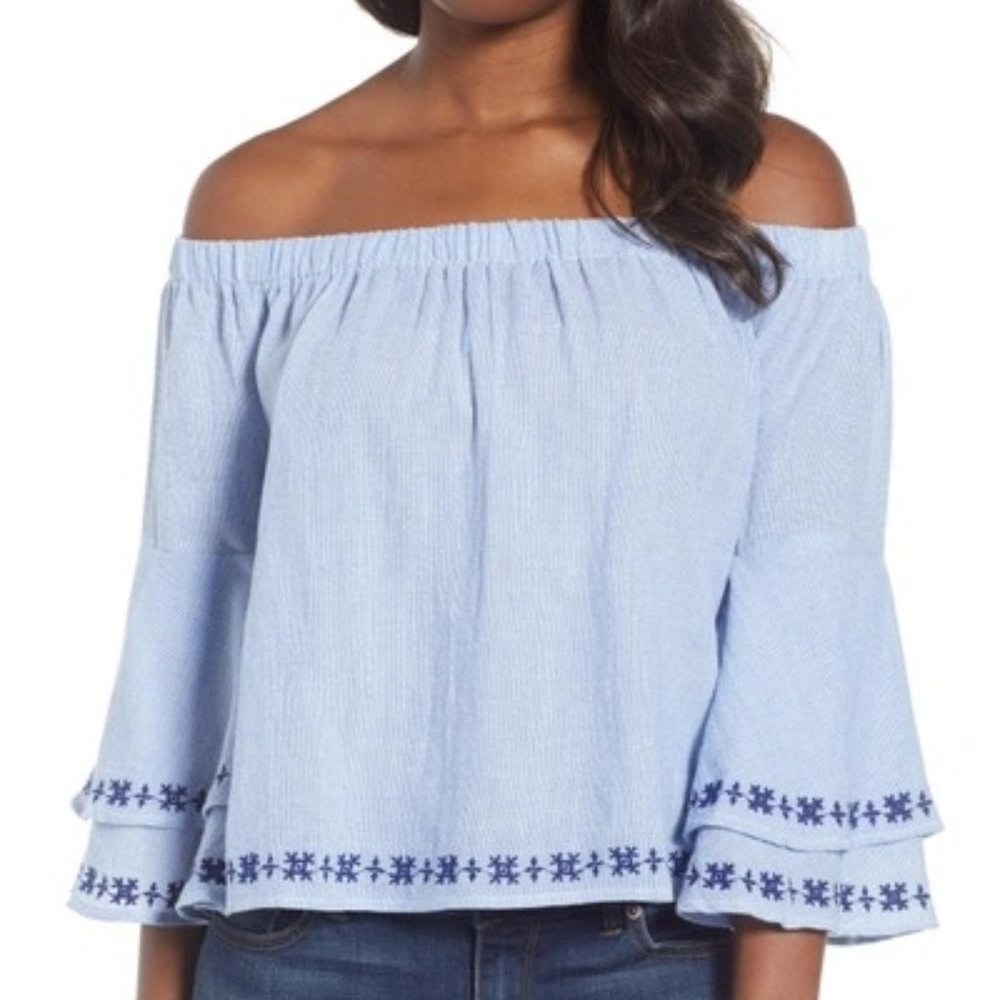 Lucky Brand Pinstriped Embroidered Off Shoulder Top Ruffle Sleeve Cotton Blue